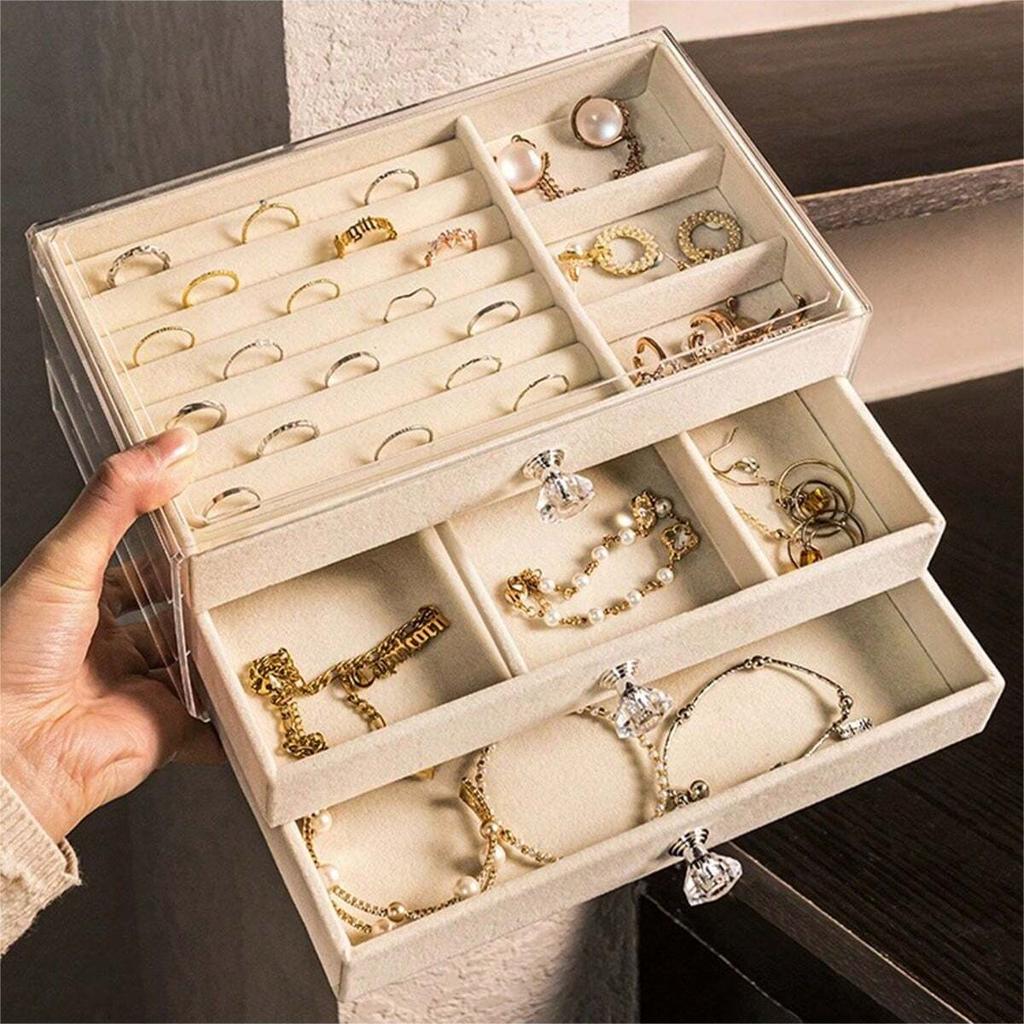 3 Layer Jewelry Organizer Boxes,with Organizer Drawer, Velvet Earring Organizer, Holder Boxes for Stud Earrings, Rings