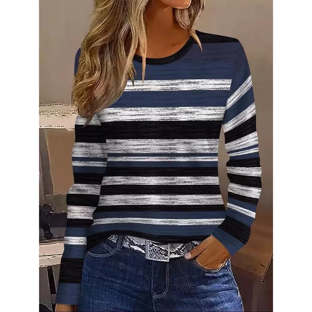 T-shirt da Donna alla Moda a Maniche Lunghe con Stampa a Righe Retrò, Cartoni Animati, Comoda, Casual, Sportiva, Larga, Versatile, Girocollo