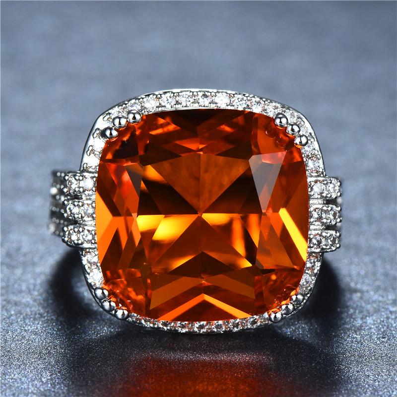 Luxury Big Square Orange Zircon Rings for Women Boho Style Silver Color Engagement Wedding Ring Party Jewelry