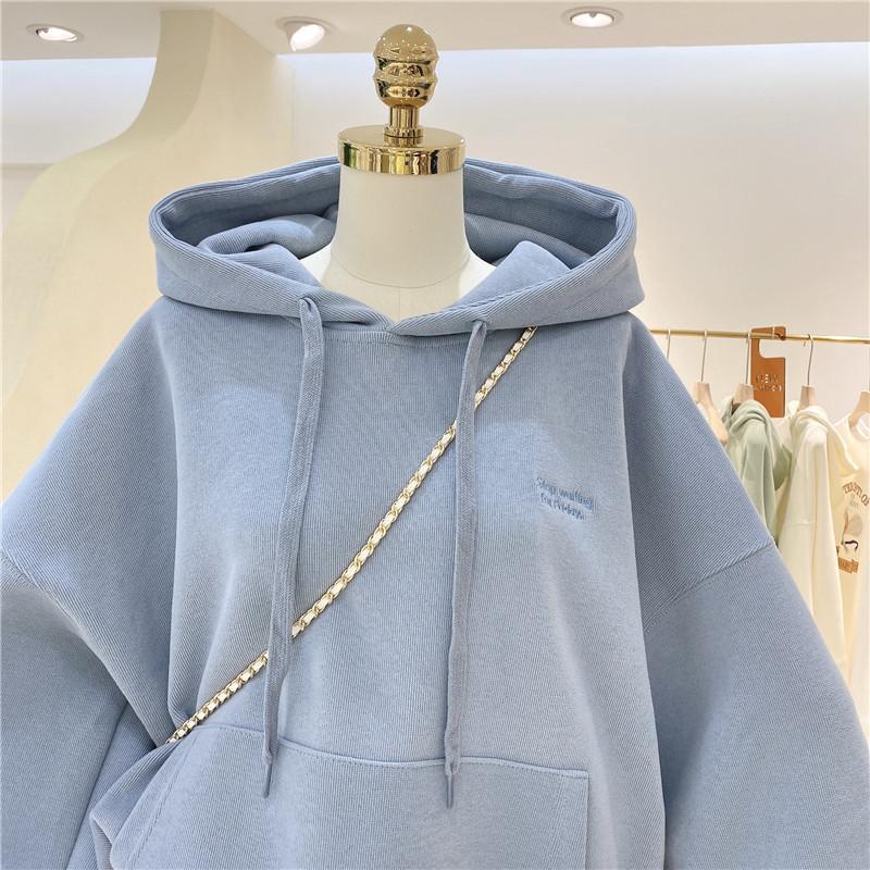 Autumn and Winter Women's Solid Hoodies Sweatshirts Loose Long Sleeve Tops Casual Sporty Thick Warm Ladies Pockets Hooded Pullover Sweatshirt