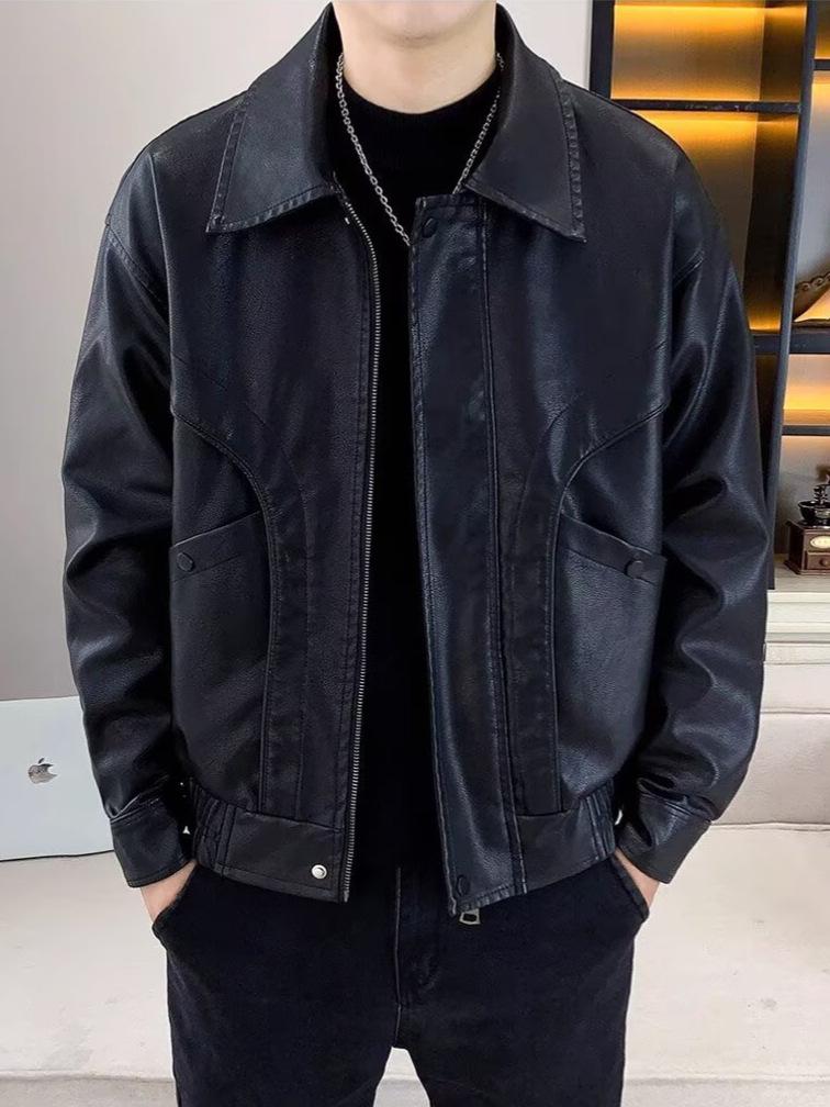 Men's Trendy PU Leather Motorcycle Jacket - Spring/Autumn Casual Lapel Coat