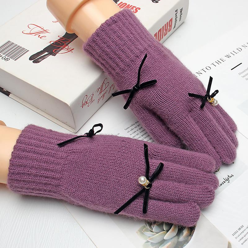 Bow Gloves Women's Winter Versatile Touch Screen Student Outdoor Cycling Warm Five-finger Knitted Wool Hand Socks