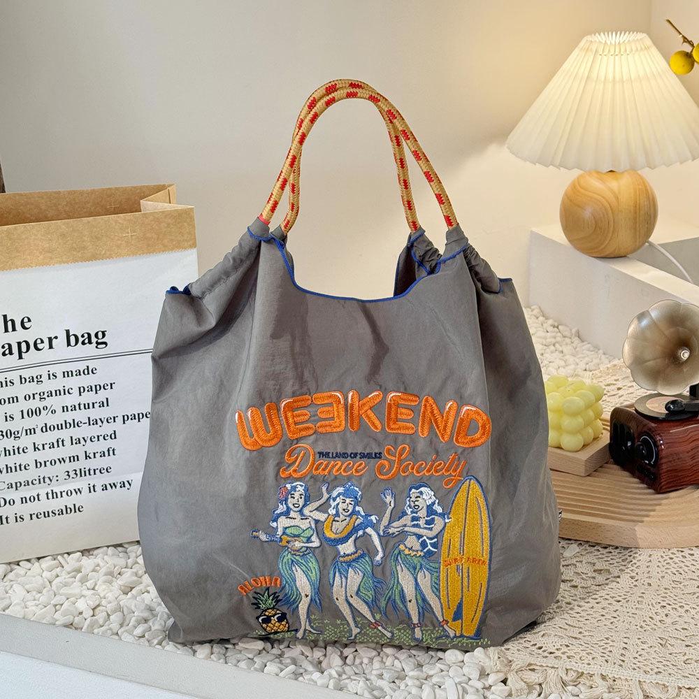 Japanese Style Handmade Waterproof Nylon Canvas Bag with Embroidered Patterns, Large Capacity