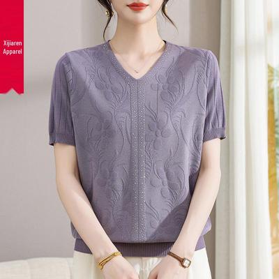Mamas V-Ausschnitt Strick-Eis seide Sommer-Top – Kurzärmelig, Weiter Schnitt, Stilvolles T-Shirt für Frauen mittleren Alters