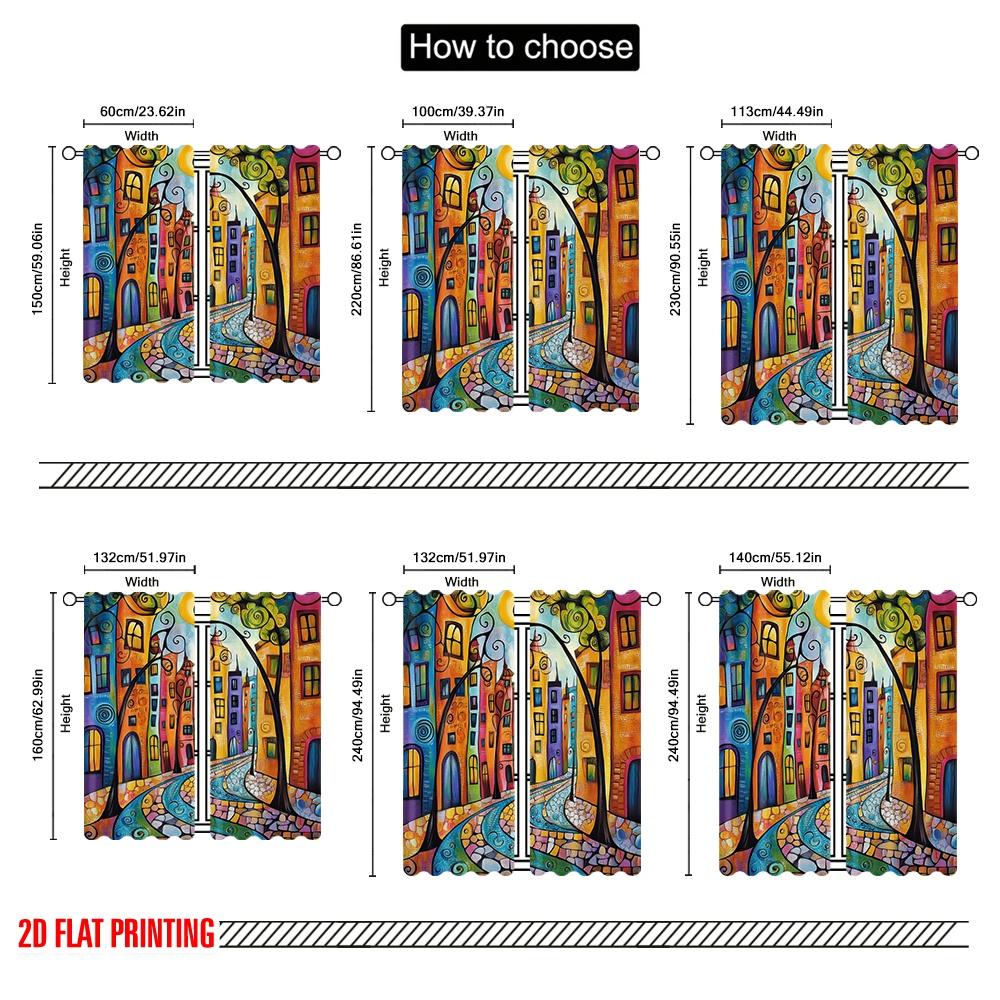 2D Flat Printing 2pcs Curtain Vintage Abstract City Fabric,Without Electricity Festive Wall Decor for Festive Atmosphere
