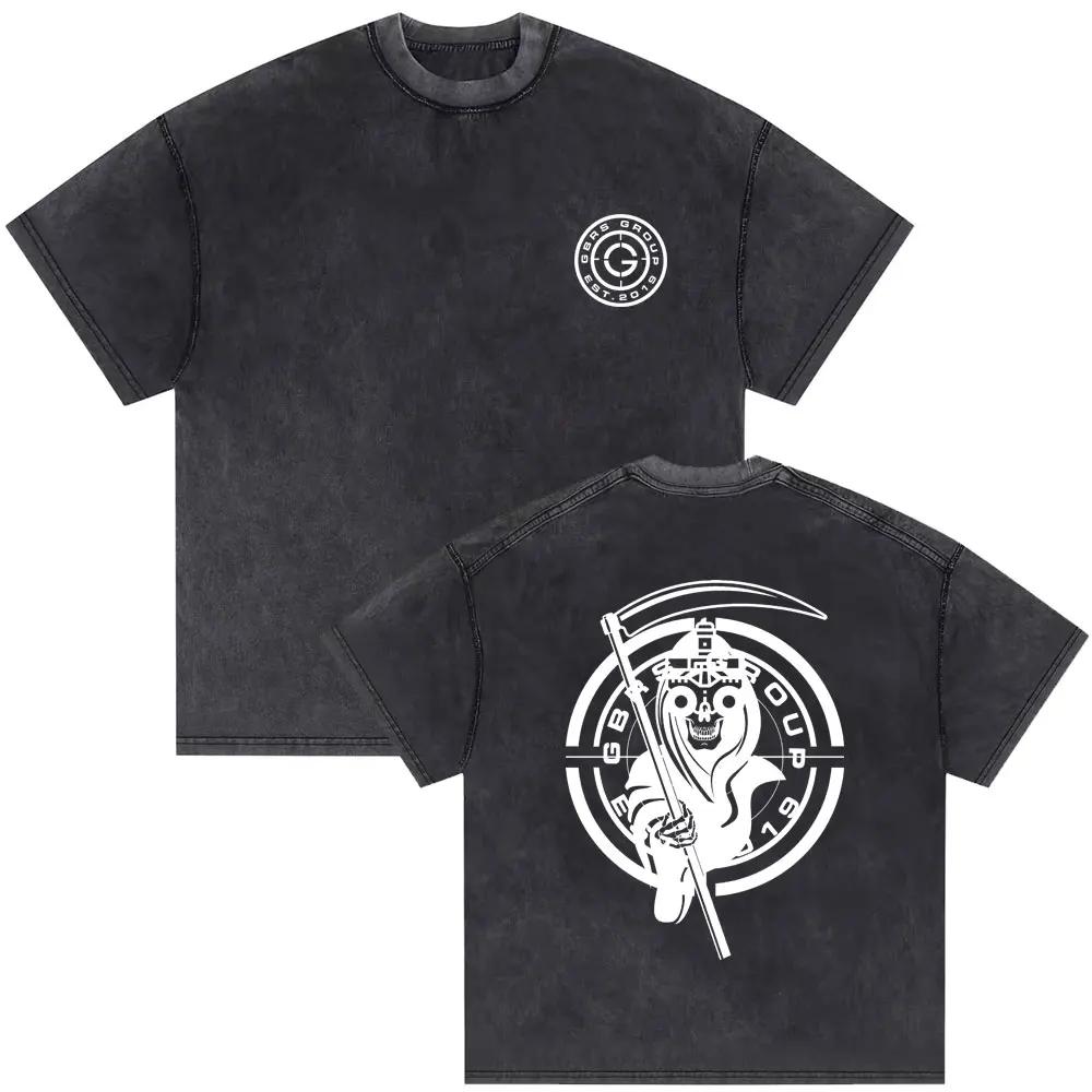 Retro water wash vintage T-shirt bone pattern T-shirt men's and women's Casual gothic punk style short-sleeve shirt