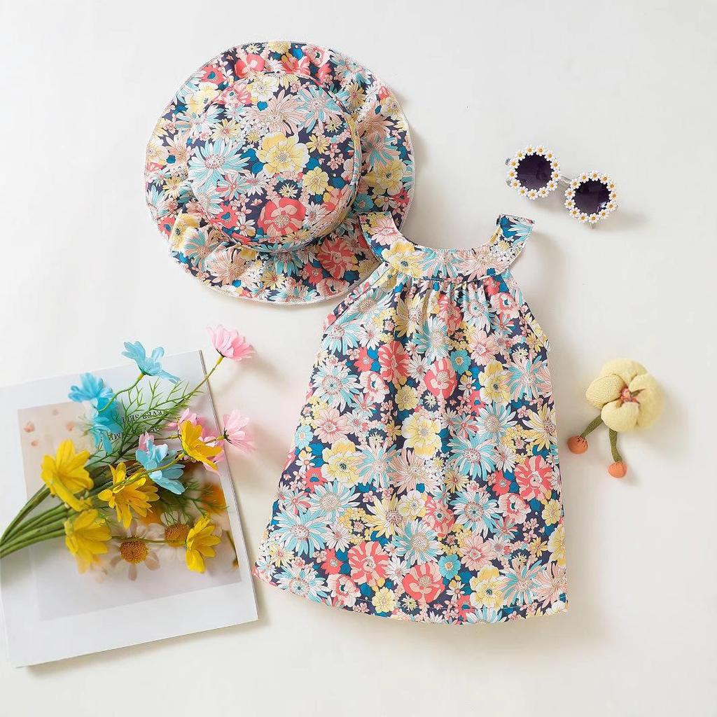 Mädchen Urlaubsstrandkleid Sommer Kinder Blumenmuster Ärmellos Rundhalskleid mit Knopfleiste hinten Visor