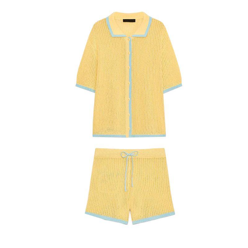 Simple Knitting Polo Collar Short Sleeve Jacket 3920260 Knitted High Waist Casual Shorts 3920261