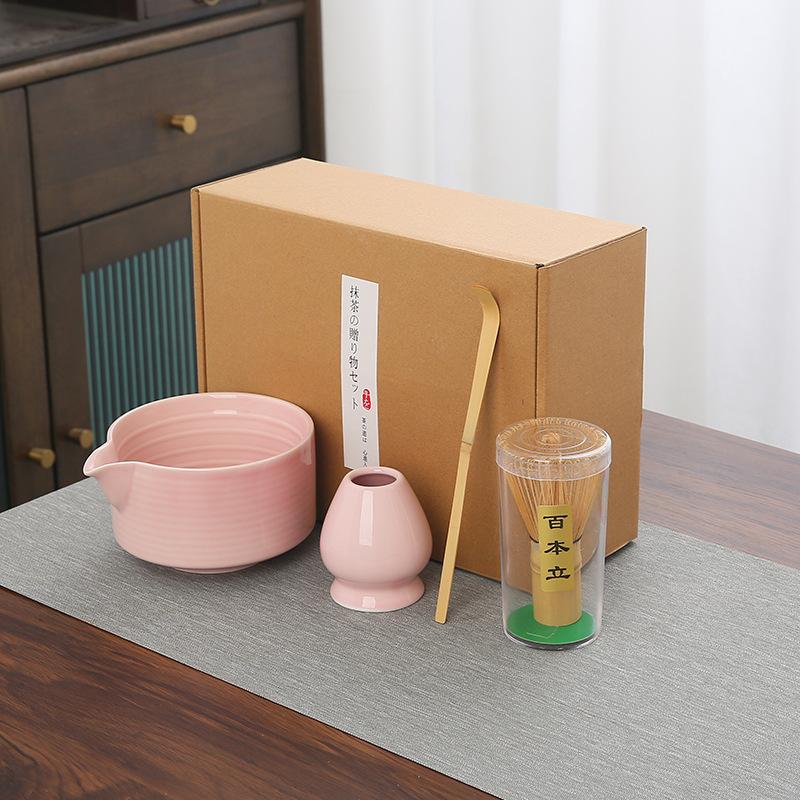 4Pcs Matcha Whisk Set Elegant Matcha Tea Set Ceramic Bowl Teaspoon Whisk Holder Powder Box Spoon Holder Tea Cloth Tea Sieve