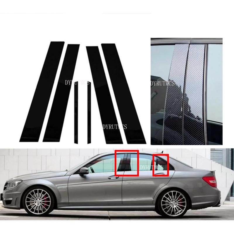 6PCS Gloss Black Pillar Posts Fit For Mercedes Benz C Class Sedan W204 2007-2014 Window Decor Silver Mouliding Trim Cover