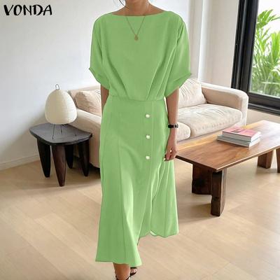 Women Elegant Casual Scoop Neck 3/4 Sleeve Long A-line Dress