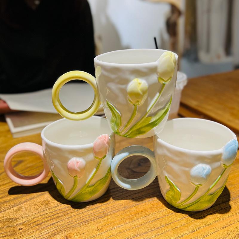 Tulip ceramic mug with lid spoon milk coffee cup girls water cup high value cup office home