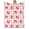 Pink Gingham Cherry Cartoon Anime Print Flannel Blanket Soft Warm Throw for Kids Bedroom Sofa Christmas Office Car