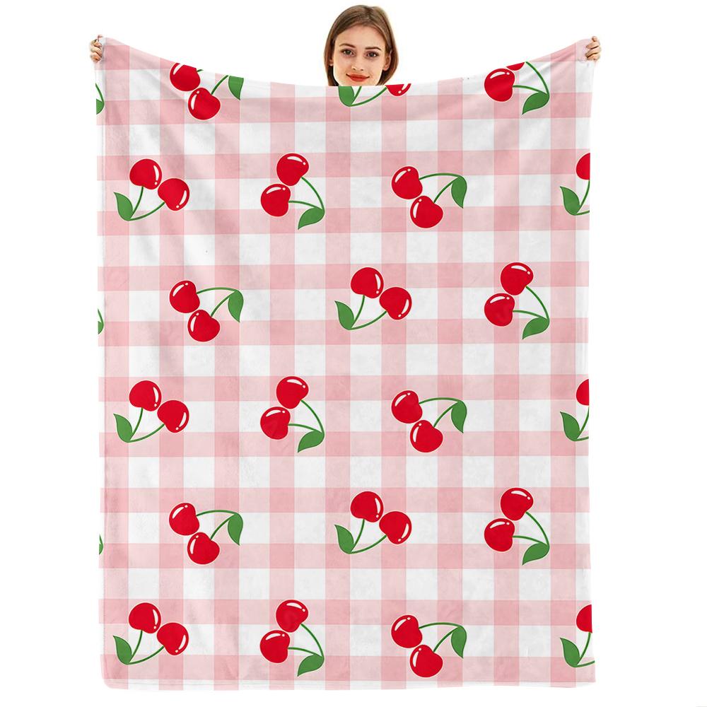 Pink Gingham Cherry Cartoon Anime Print Flannel Blanket Soft Warm Throw for Kids Bedroom Sofa Christmas Office Car