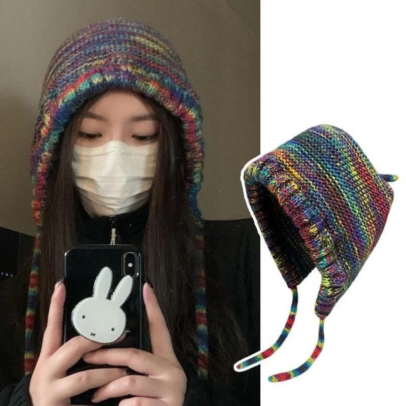 New Rainbow Striped Knitting Beanie Hat Women Girl Winter Warm Crochet Ear Protection Cap