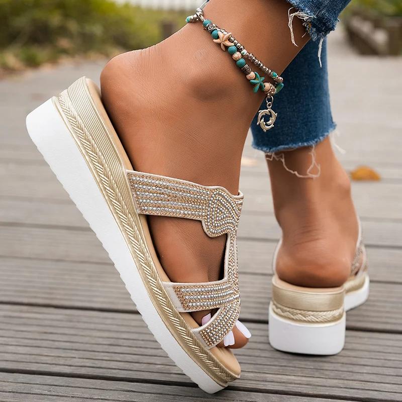 Fashion Fashion Rhinestone Wedge Slippers for Women 2025 Summer Lightweight Non Slip Beach Slides Woman Peep Toe Platform Casual Sandals