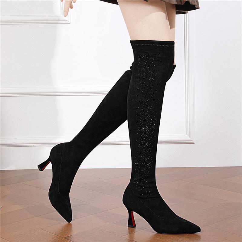 

Elastic cloth women s shoes fleece light luxury pointed thin heel fashion long tube high heel boots new boots 34