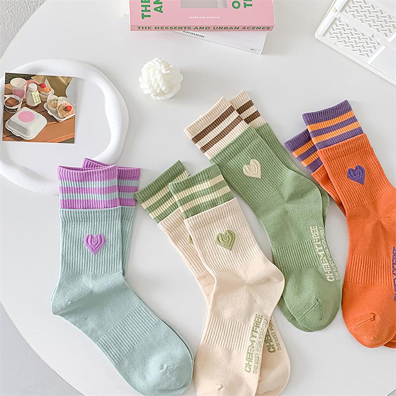 Sweet Style Double Love Socks Macaroon Color Love Heart Embroidered Cotton Sock Harajuku Striped Socks