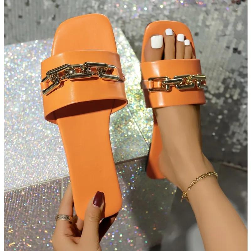 New Fashion Women's Slippers Square Toe Chain Slippers Sandals Sets Flat Shoes and Bag Set Matching Handbag for Women Luxury