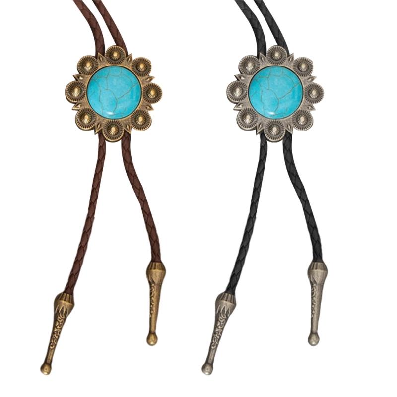 Turquoise Bolo Tie for Adult Unisex Vintage PU Leather Necktie Rope Necklace Jewelry Rodeos Tie Formal Event Collar Tie