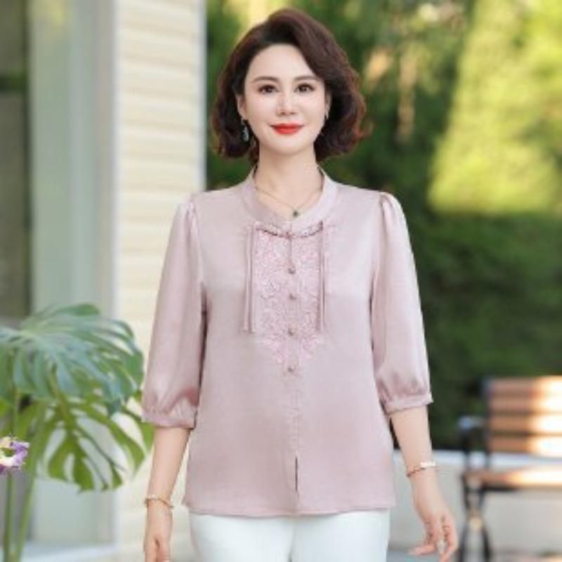 

Middle-Aged Women s Khaki Embroidered Blouse Half Puff Sleeve Chinese Style Casual Top XL рожевий