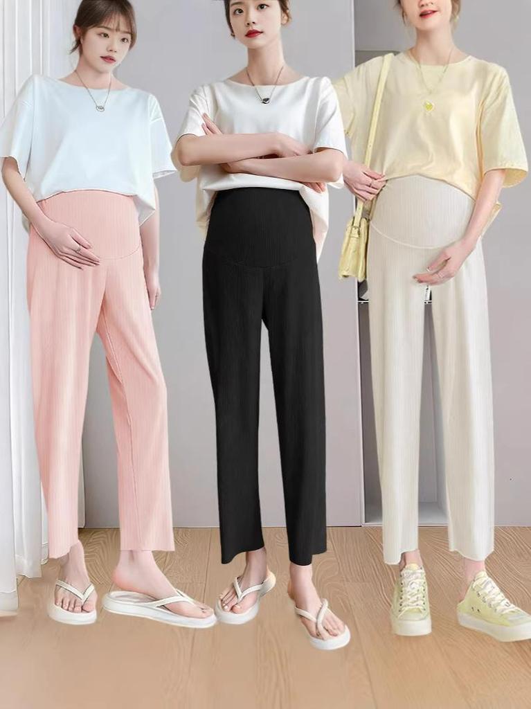 Fashionable Plus Size Maternity High-Waisted Ice Silk Summer Pants with Tummy Support