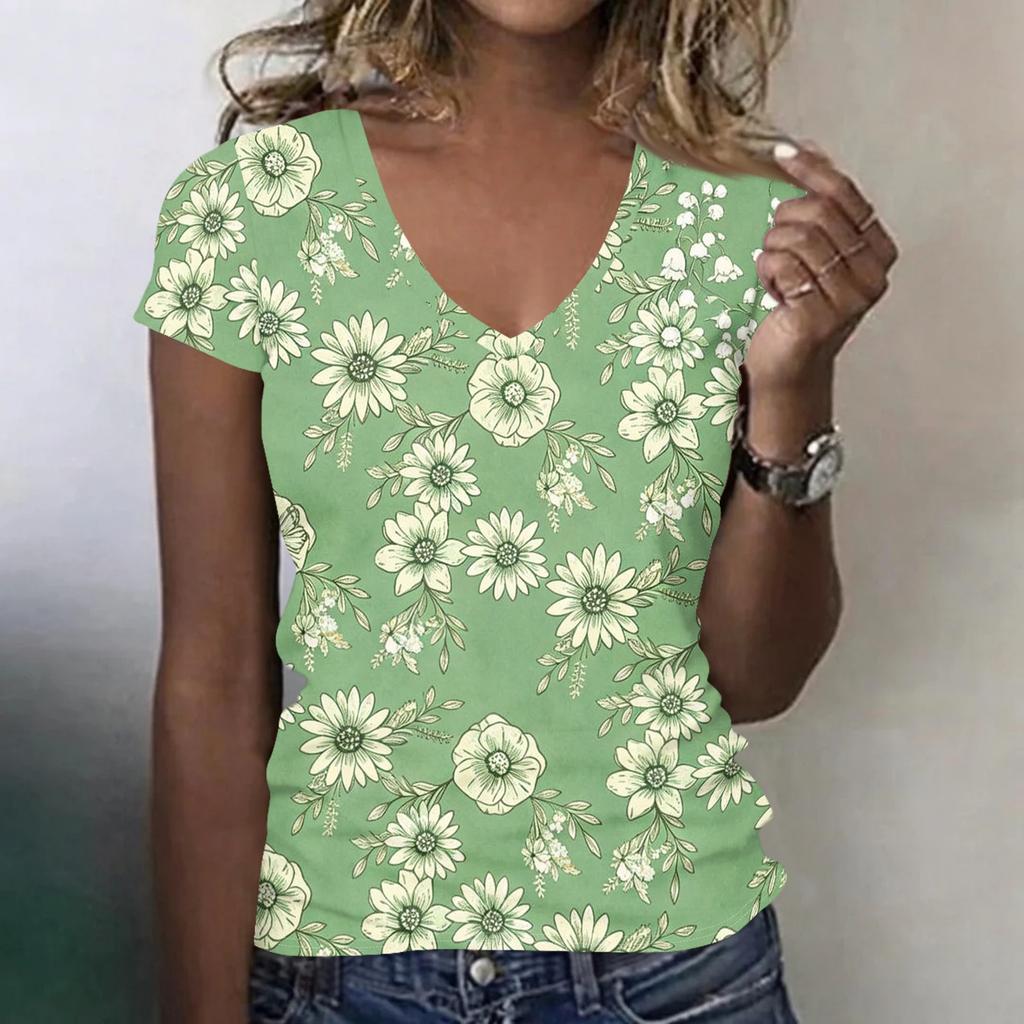 Damen V-Ausschnitt Kurzarm T-Shirt Blumendruck Lässig Lockerer Schnitt Leichtes Bequemes Oberteil für den täglichen Gebrauch