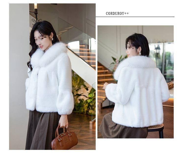 Women's Fashion Faux Mink Fur Coat with Large Collar and Velvet Detailing