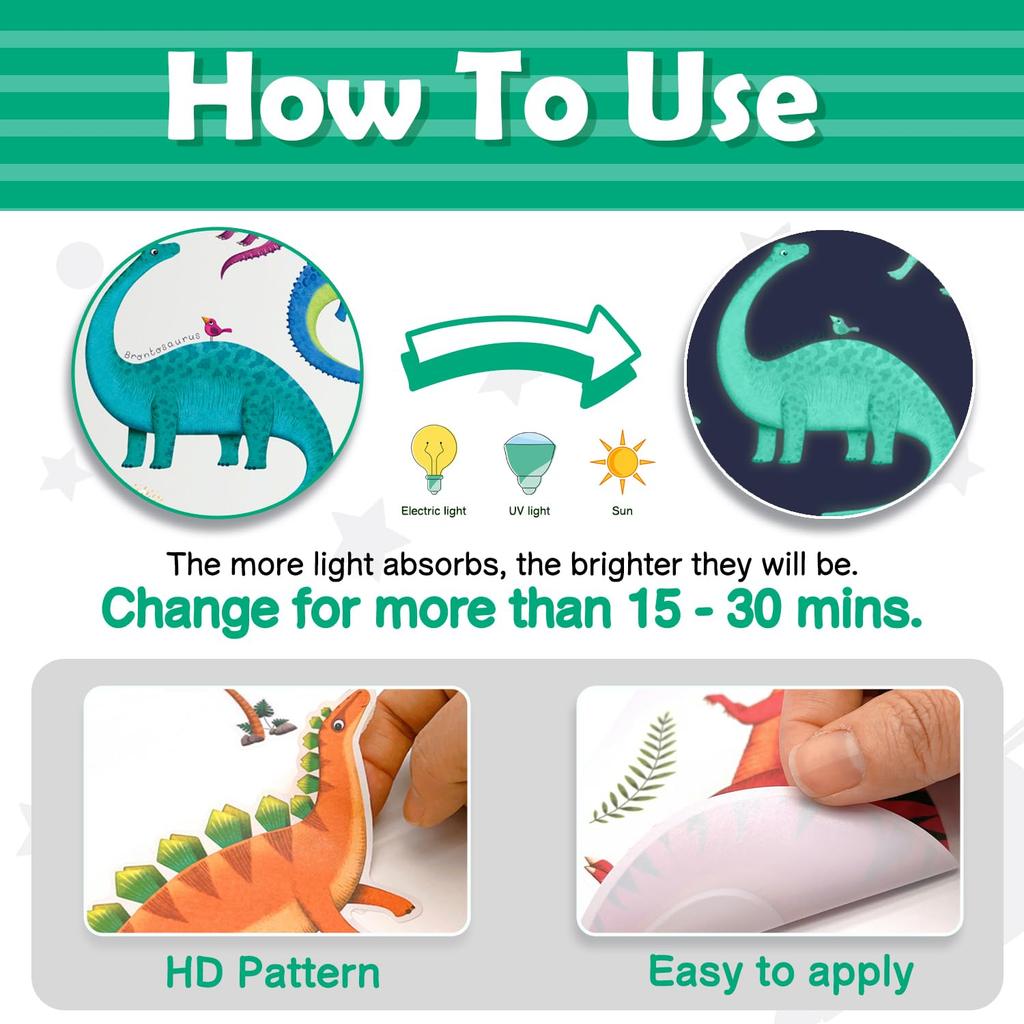 DECOWALL Dinosaur Wall Stickers Dinosaur Stickers for Wall Easy Application Glow-in-the-Dark - Luminous, Glow-in-the-Night Kids' Rooms, Boys'