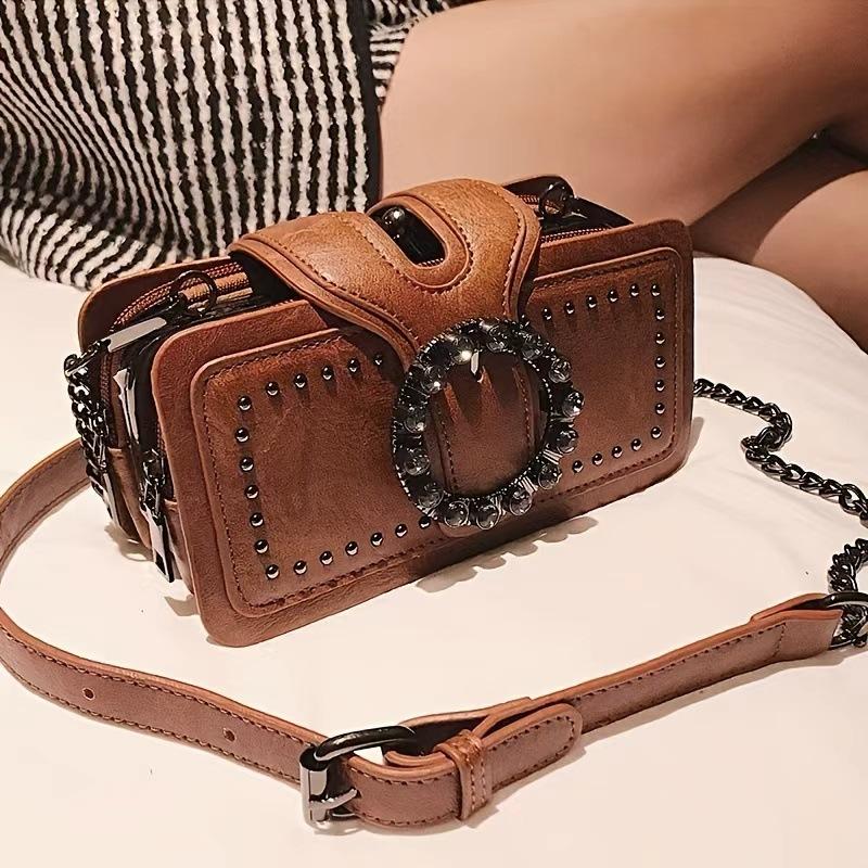 

Xiaoxiangfeng mini chain bag trendy personalized shoulder messenger bag diamond-encrusted European and American retro bag темно-коричневого кольору