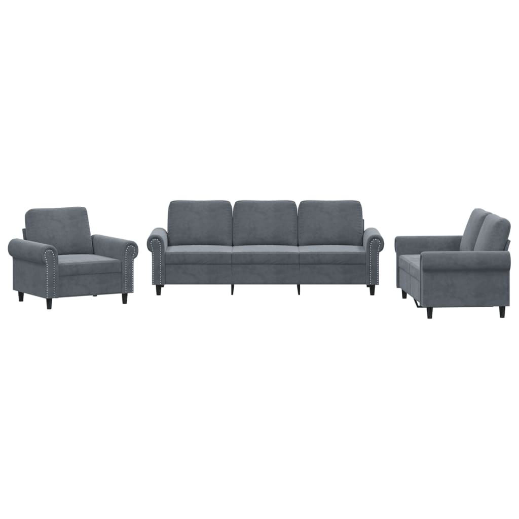 3 Piece Velvet Sofa Set with Cushions Dark Grey