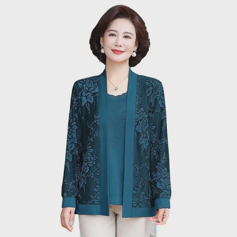 2024 Fashionable Two-Piece Set: Knitted Cardigan Coat for Middle-Aged and Elderly Women - Youthful Spring and Autumn Style