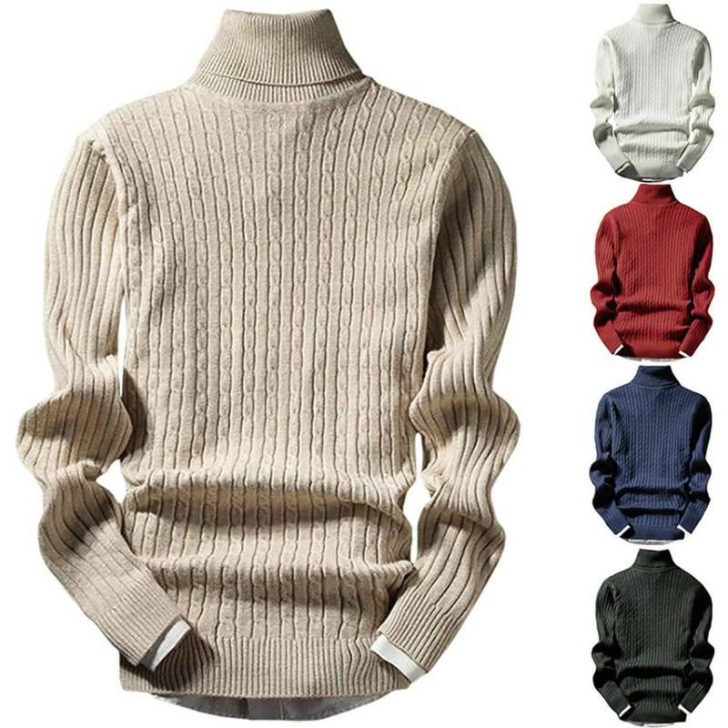 Buy Solid Color Mens Winter Warm Knitted Sweater High Neck Pullover