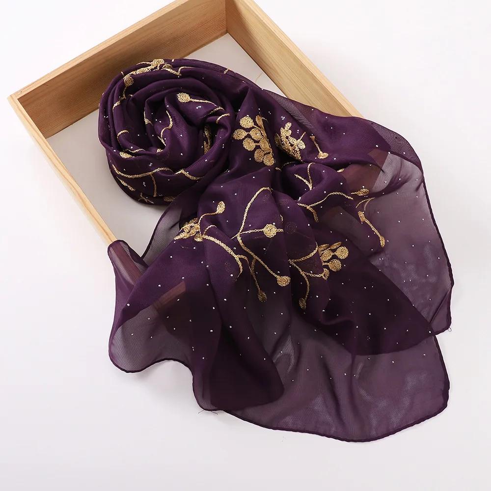 Embroidered Diamond Chiffon Scarf Hijabs For Woman Turban Shawls Scarves Head Scarf Headwraps For Women Turban Femme Bandana