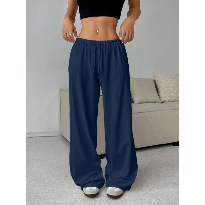 European and American women's clothing solid color trousers elastic waist lace-up wide-leg casual pants