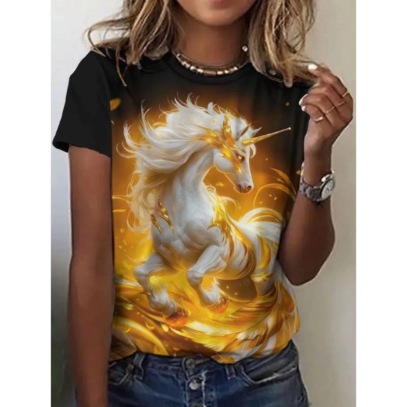 Haut décontracté à manches courtes et col rond avec imprimé animal cheval pour femme