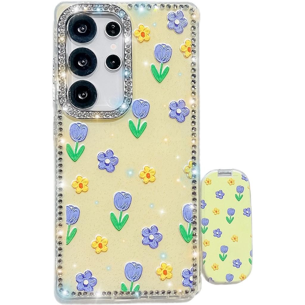 Samsung S25Ultra Mobile Phone Case Flash Drill S24FE Flower One Line Mirror Bracket A36 Protective Cover
