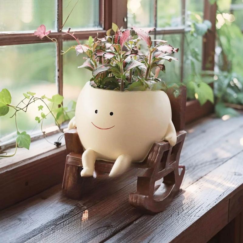 Cute Resin Ghost Flower Pot Planter with Rocking Chair Skateboard Swing Tea Designs for Succulent Desktop Office Garden Decor