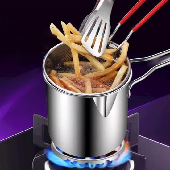 סיר טיגון עמוק מנירוסטה 1.2 ליטר עם קליפס לסלסלה, קיבולת גדולה, בטוח לשטיפה במדיח כלים, מסנן שמן טיגון, מיכל לשומן בייקון, גאדג'טים למטבח