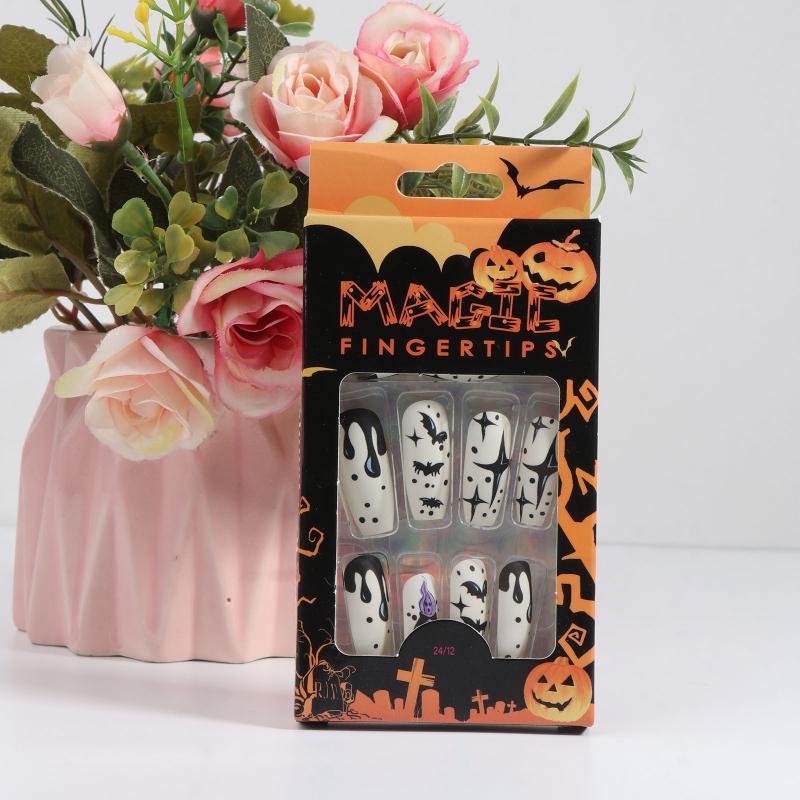 24Pcs Stiletto Fake Nails Coffin Nails Halloween False Nails Punk Full Cover Artificial Press On Nails for Women Girls