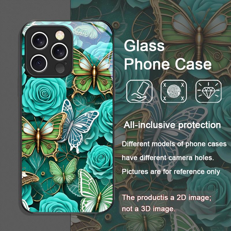 

Dark Green Butterfly Pattern Tempered Glass Phone Case for IPhone 16 Pro Max 15 14 13 12 Mini 11 X XS XR 7 8 Plus Floral Covers iPhone 11