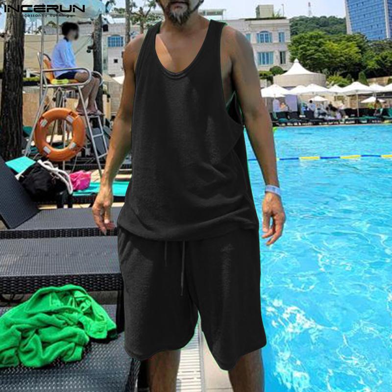 

INCERUN комплект из 2 предметов, летние мужские топы без рукавов, шорты с эластичной резинкой на талии, костюмы