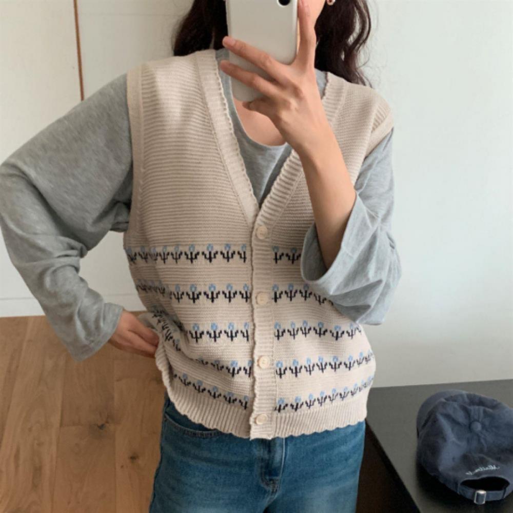 New ArriValS Open Run Women S WaVe V Neck Button Color Block Pattern Knit VeSt
