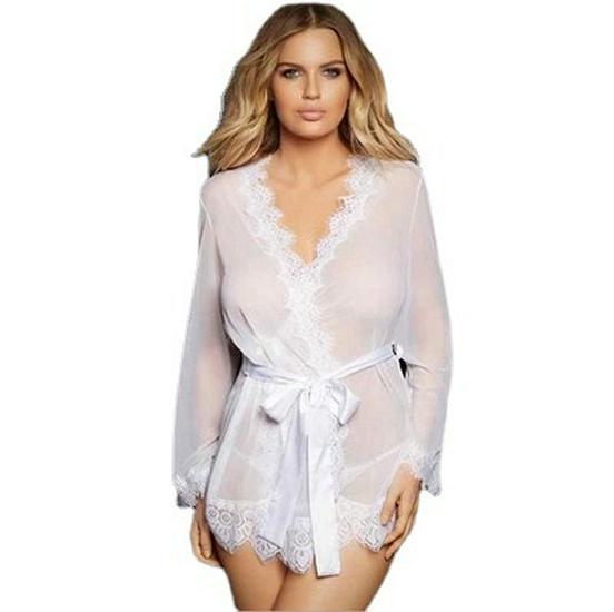 European & American Women's Sexy Lingerie: Furry Long Bathrobe Dress with Tie-up Sling