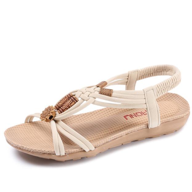 

Сандалии на плоской подошве. Женские богемные национальные сандалии на плоской подошве с бисером. Студенческая повседневная пляжная обувь. 36 бежевый