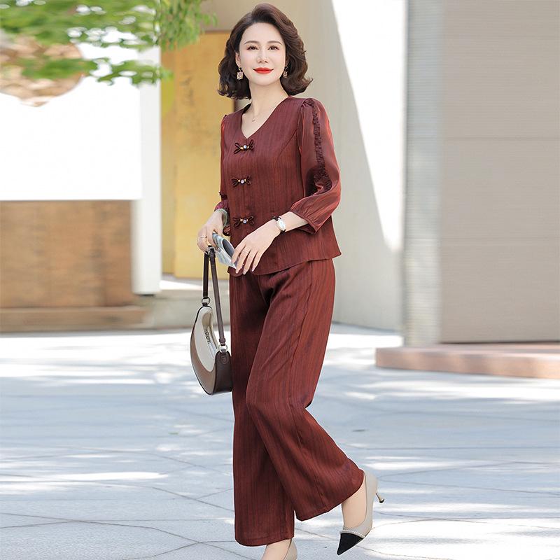Plus Size Women's Summer Wide-Leg Pants Two-Piece Set for Middle-Aged and Elderly
