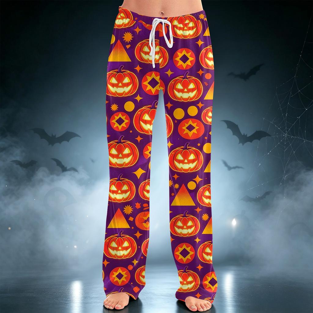 Women's Halloween Print Drawstring Wide Leg Pants for Casual Home Wear
