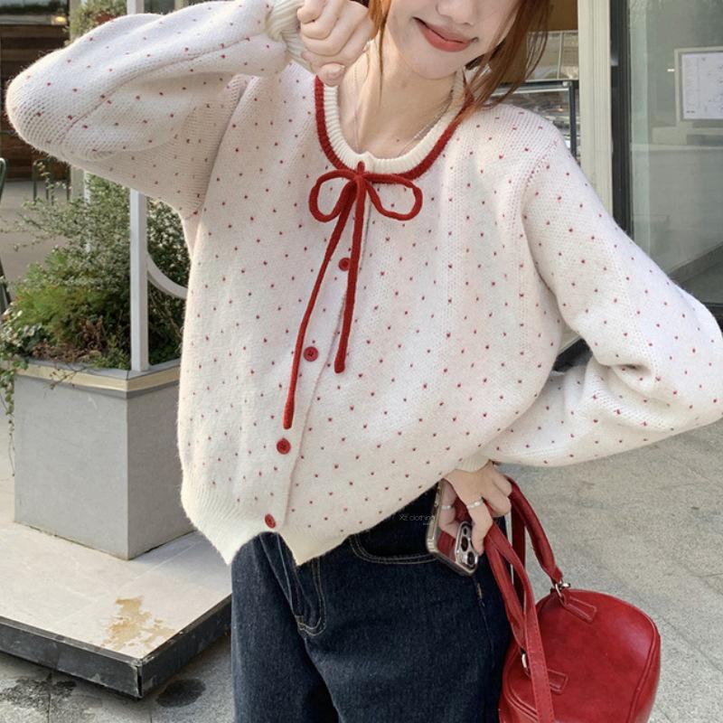 

Корейский вязаный свитер-кардиган на шнуровке для женщин - Короткий шикарный топ с контрастным бантом для осени и зимы One Size белый