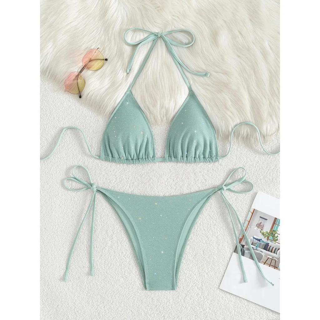 Glitter Sparkling Halter High Leg Cut Bikini Female Swimsuit Women Swimwear Two-pieces Bikini Set Bather Bathing Suit Swim