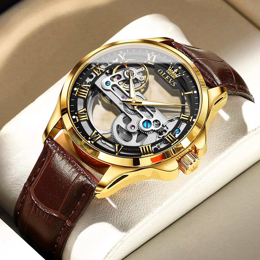 OLEVS 6661 Top Brand Men's Watches Fashion Hollow Flywheel Automatic Mechanical Wristwatch Waterproof Luminous Leather Strap